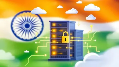 Secure data center india guarded cloud symbols indian flag colors blended
