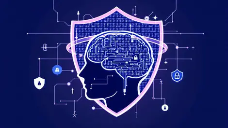 Stylized human brain with computer code digital shields ai cybersecurity