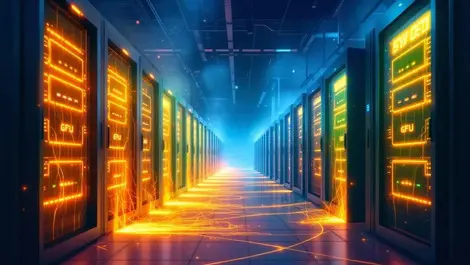 Illustration data center server racks glowing gpus wasted energy technology