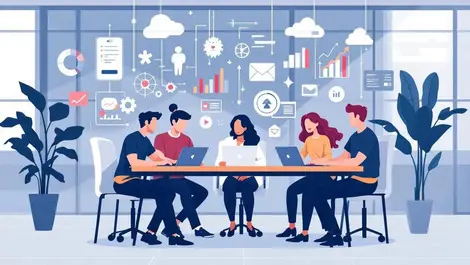 University staff collaborating ai data charts leadership modern office