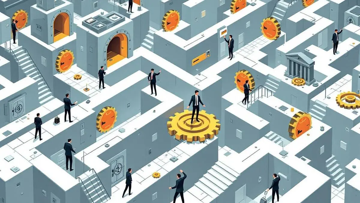 Executives navigating complex gear maze bank vaults payment modernization