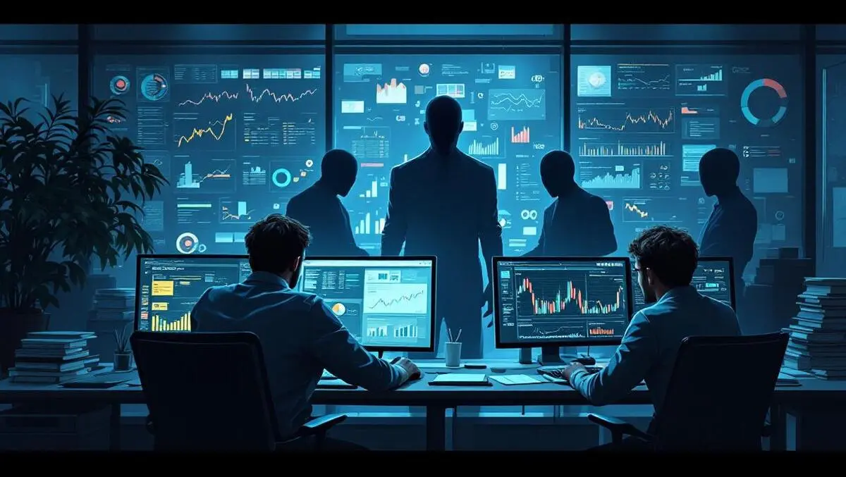 Night finance office analysts ai shadows digital fraud risk scene