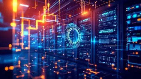 Computer server room filled with racks monitors glowing lines machine learning processes