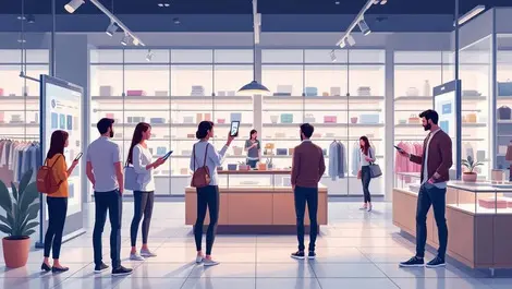 Modern uk retail store digital interfaces physical shopping touchscreens automated assistants