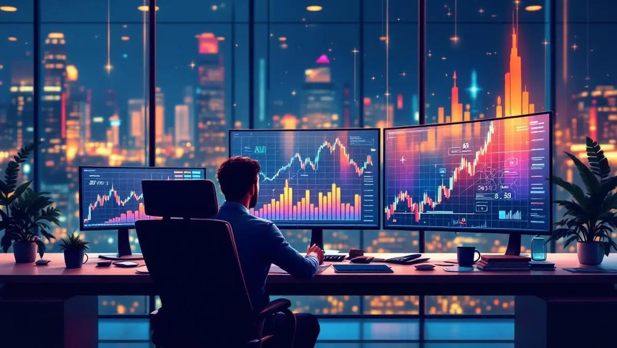 Ai powered wealth manager in glass office with rising financial charts