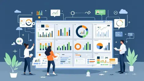 Team business professionals analyzing digital dashboard graphs data automation