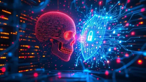 Red digital skull vs blue cyber shield ai warfare defense