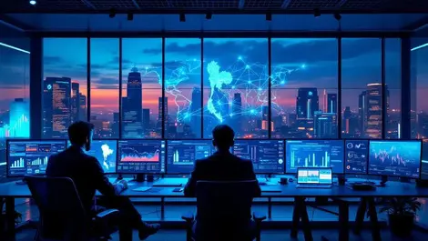 Bangkok cybersecurity control room dusk threat dashboards map