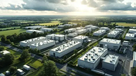 Aerial modern data centre campus europe green fields ai growth