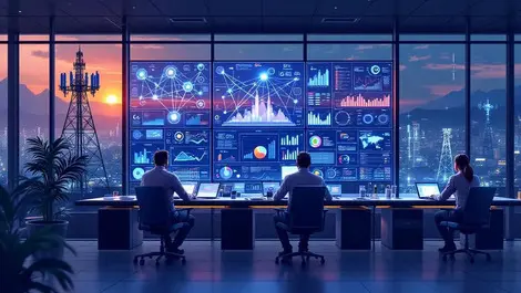 Modern telecom noc glowing network maps engineers 5g resilient