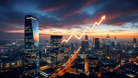 London financial district dusk skyline fintech growth graph