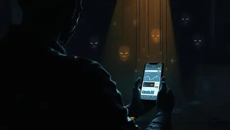 Moody illustration ai driven financial scams puppet trading phone