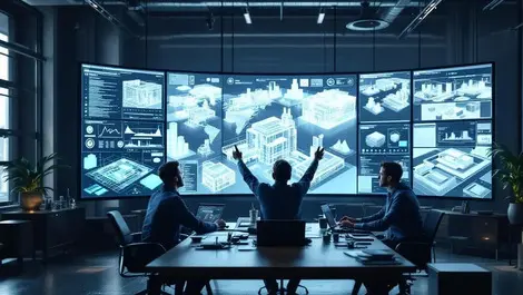 Engineers control room 3d plant models point cloud ai displays