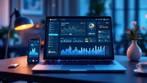 Sleek fintech checkout dashboard laptop mobile ai flows modern