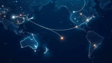 Undersea cable sydney to california map blue ocean glow art