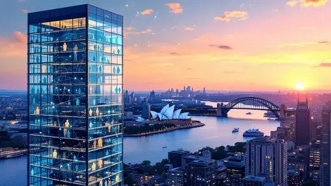 Sydney office tower ai collaboration harbour bridge sunrise scene