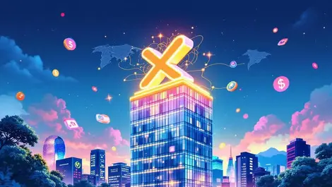 Seoul glass fintech tower merging logos apac map currency flow