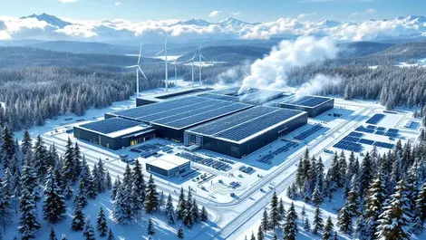 Canadian snowy data center with wind turbines and solar farm