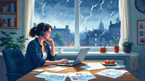 Uk home worker kitchen laptop crisis plans storm outside window