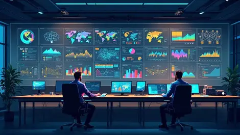 Modern telecom noc with engineers 5g antennas and network maps