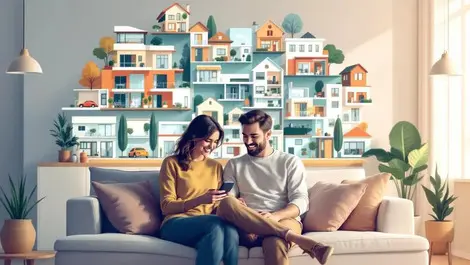 Australian couple sofa smartphone property search home collage