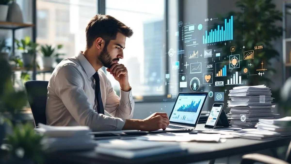 Ai transformation accountant desk laptop receipts modern office