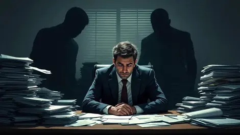 Tired middle manager between towering shadows cluttered desk pressure