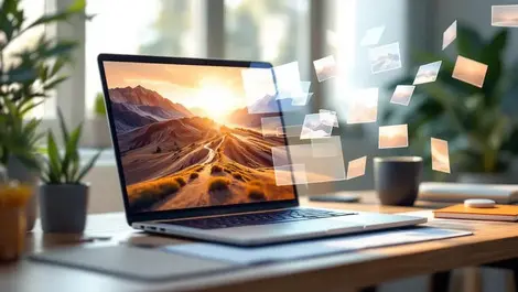 Laptop designer desk photo splitting into translucent image layers