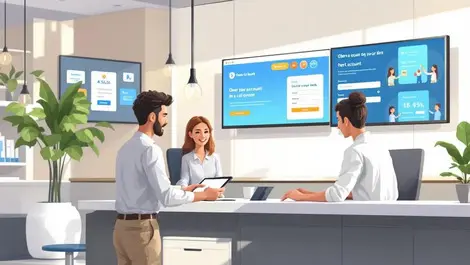 Modern us bank branch customers opening accounts tablet desks