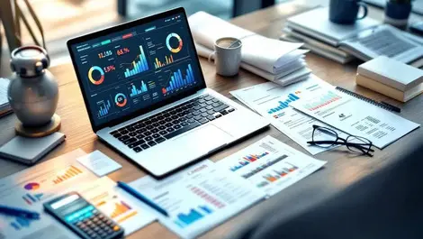 Ai accounting desk laptop charts errors crossed out invoices
