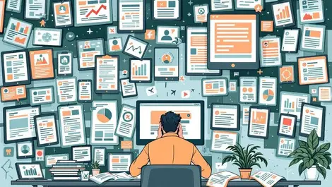 Stressed marketer cluttered desk unique vibrant post amid dull stream