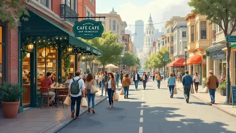 San francisco neighborhood street local cafe community spending illustration