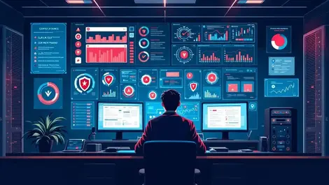 Tense security analyst security operations center failed dashboards dark blue red digital illustration