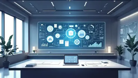 Calm enterprise control room data network graph decision dashboard digital illustration