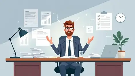 Overwhelmed accountant cpa office desk tax forms automation digital illustration